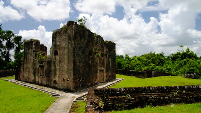 Ruins of Zeeland fort on the island in Essequibo delta in Guyana